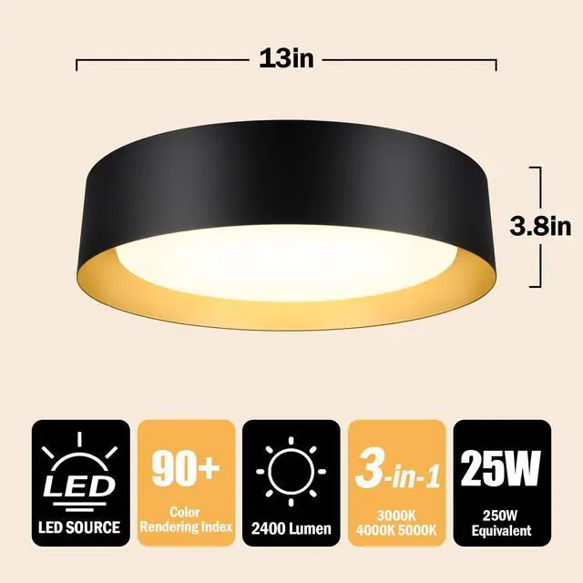 Alt view image 7 of 7 - Flush Mount Ceiling Light, 13in Modern Ceiling Light 3/4/5000K | 25W Bathroom Ceiling Light Fixture, Dimmable LED Flush Mount Light for Bedroom, Hallway, Entryway and Kitchen, Black & Gold
