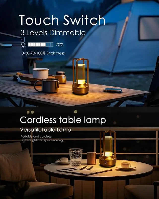 Alt view image 5 of 6 - Set of 2 Cordless Table Lamps Rechargeable LED Desk Lamps Gold | Battery Operated Table Light with 3 Color Stepless Dimmable, Portable for Outdoor Patio Bar Restaurants Bedroom Bedside