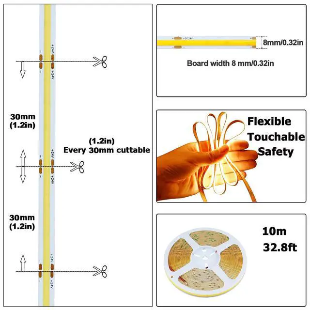 Alt view image 3 of 7 - 32.8ft/10M 24V COB LED Strip Warm White 3000K 3840LEDs CRI 93+ 6800lm | Uniform Glow IP20 Not Waterproof Flexible LED Tape Lights for DIY Cabinet Bedroom Home Decor(Power Supply not Included)