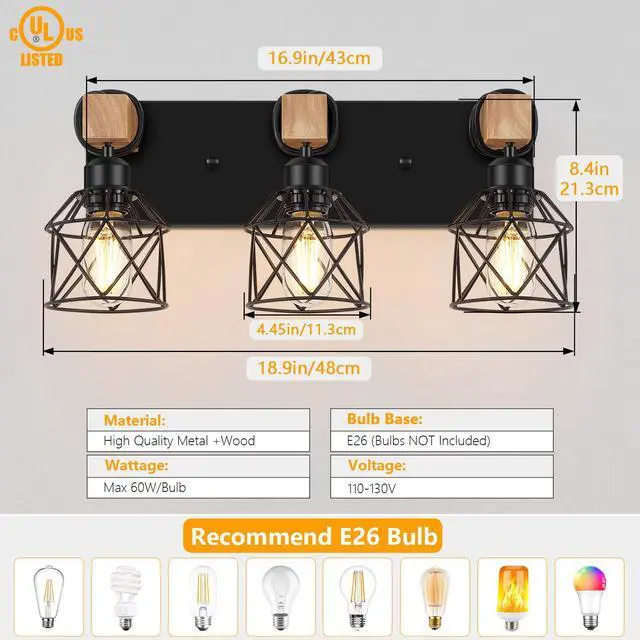 Alt view image 2 of 7 - 3-Light Bathroom Vanity Lights, Farmhouse Bathroom Light Fixtures | Rustic Wood & Black Metal Shade, Wood Bathroom Lighting Fixtures Over Mirror, Wall Sconces for Bathroom Bedroom Living Room