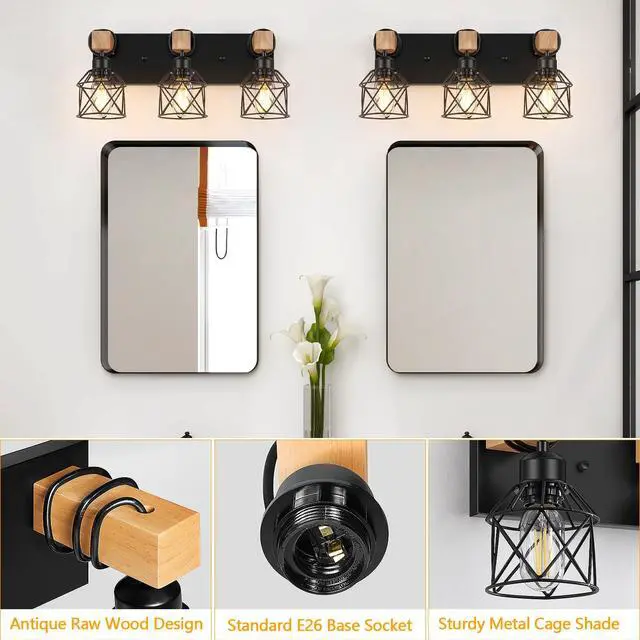 Alt view image 3 of 7 - 3-Light Bathroom Vanity Lights, Farmhouse Bathroom Light Fixtures | Rustic Wood & Black Metal Shade, Wood Bathroom Lighting Fixtures Over Mirror, Wall Sconces for Bathroom Bedroom Living Room