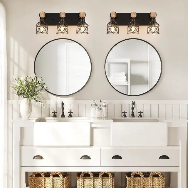 Alt view image 5 of 7 - 3-Light Bathroom Vanity Lights, Farmhouse Bathroom Light Fixtures | Rustic Wood & Black Metal Shade, Wood Bathroom Lighting Fixtures Over Mirror, Wall Sconces for Bathroom Bedroom Living Room