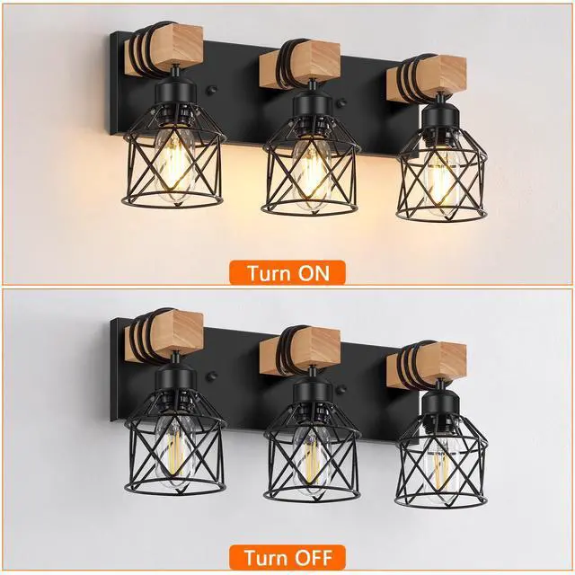 Alt view image 4 of 7 - 3-Light Bathroom Vanity Lights, Farmhouse Bathroom Light Fixtures | Rustic Wood & Black Metal Shade, Wood Bathroom Lighting Fixtures Over Mirror, Wall Sconces for Bathroom Bedroom Living Room