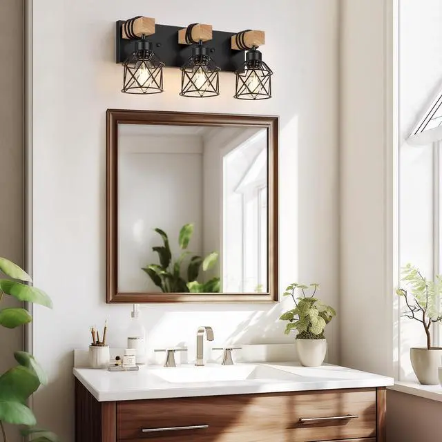 Alt view image 6 of 7 - 3-Light Bathroom Vanity Lights, Farmhouse Bathroom Light Fixtures | Rustic Wood & Black Metal Shade, Wood Bathroom Lighting Fixtures Over Mirror, Wall Sconces for Bathroom Bedroom Living Room