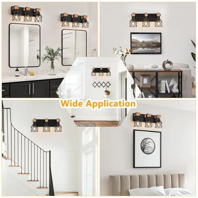 Alt view image 7 of 7 - 3-Light Bathroom Vanity Lights, Farmhouse Bathroom Light Fixtures | Rustic Wood & Black Metal Shade, Wood Bathroom Lighting Fixtures Over Mirror, Wall Sconces for Bathroom Bedroom Living Room