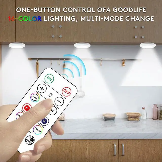 Alt view image 2 of 7 - Wireless 16 Color Changing LED Puck Light 12 Pack LED Under Cabinet Lighting Closet Light Battery Powered Night Lights with Remote Control Dimmer & Timing Function