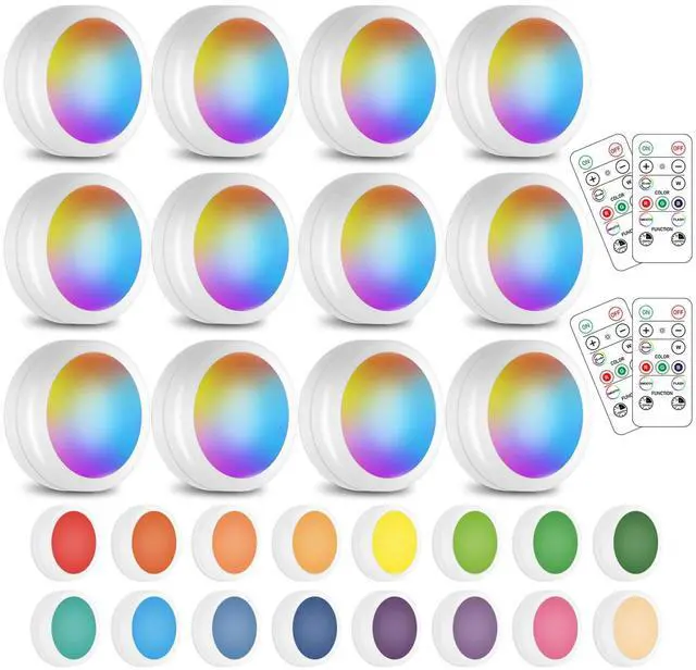 Main image of Wireless 16 Color Changing LED Puck Light 12 Pack LED Under Cabinet Lighting Closet Light Battery Powered Night Lights with Remote Control Dimmer & Timing Function