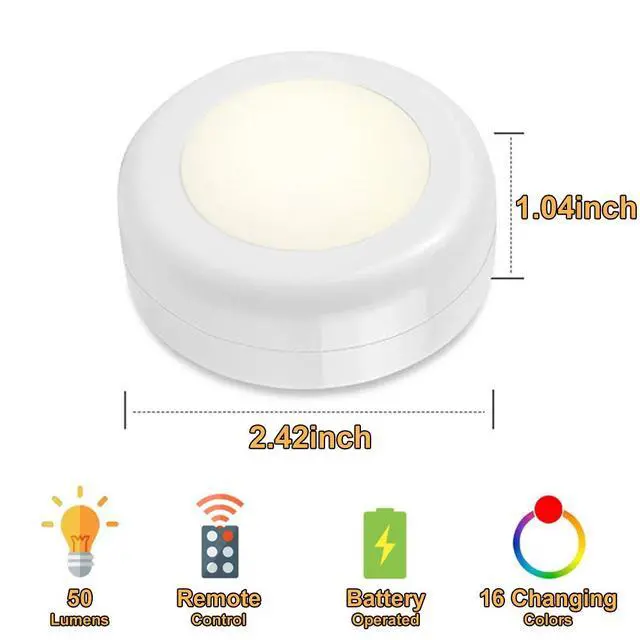 Alt view image 4 of 7 - Wireless 16 Color Changing LED Puck Light 12 Pack LED Under Cabinet Lighting Closet Light Battery Powered Night Lights with Remote Control Dimmer & Timing Function