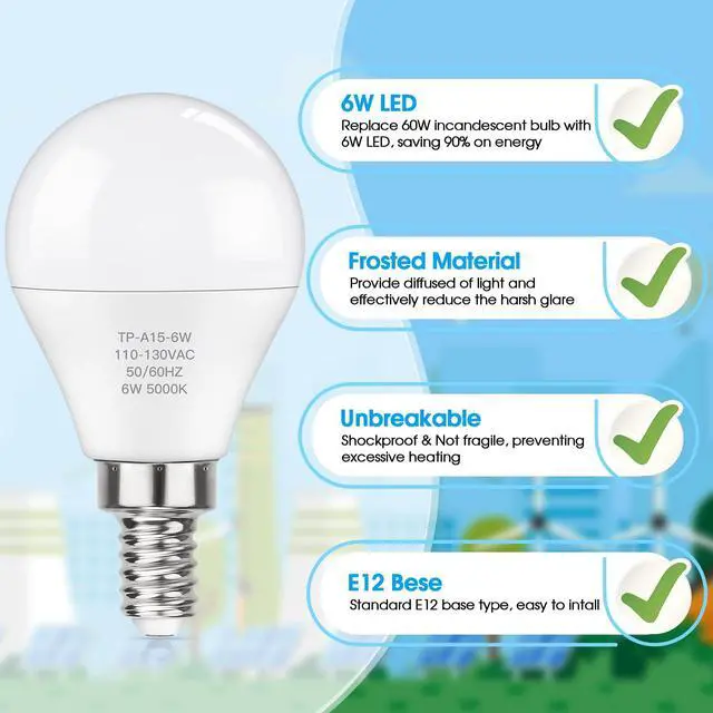 Alt view image 6 of 7 - E12 LED 60W Equivalent Daylight White 5000K Ceiling Fan Bulbs, 600LM CRI 85+ Candelabra Bulbs Small Base, 6W Non-Dimmable, Pack of 6