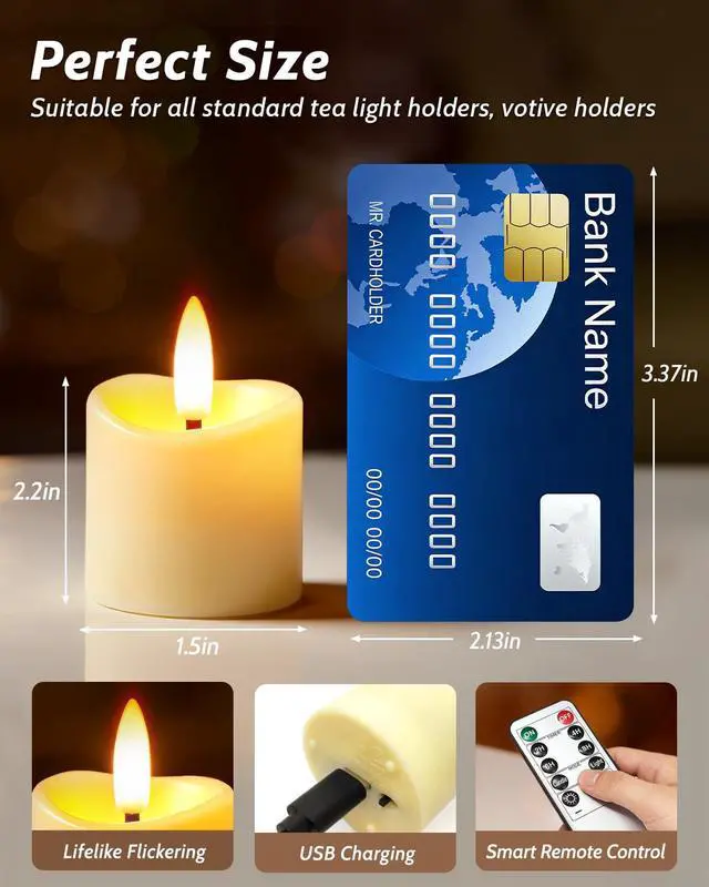 Alt view image 2 of 7 - 6 Pack Small Rechargeable Flameless Candles with Remote Timer | 1.5"x2" LED Tea Lights Votive Fake Candles Flickering Mini Candles Battery Operated for Halloween Wedding Party Home Decor