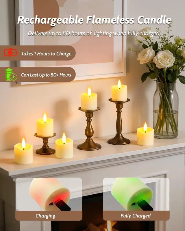 Alt view image 6 of 7 - 6 Pack Small Rechargeable Flameless Candles with Remote Timer | 1.5"x2" LED Tea Lights Votive Fake Candles Flickering Mini Candles Battery Operated for Halloween Wedding Party Home Decor