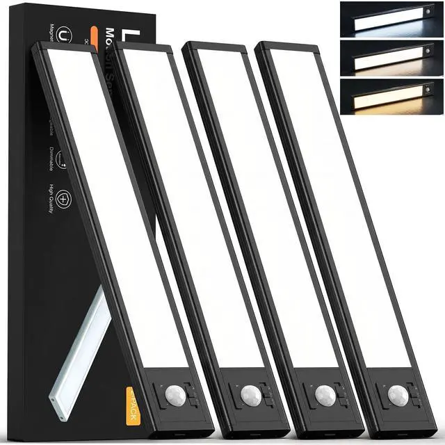 Main image of 4Pack Under Cabinet Lighting Rechargeable -10" Ultra-Thin Black 3 Color Temps Super Bright, Motion Sensor, Long Lasting - Easy Installation Magnetic Under Closet Lights
