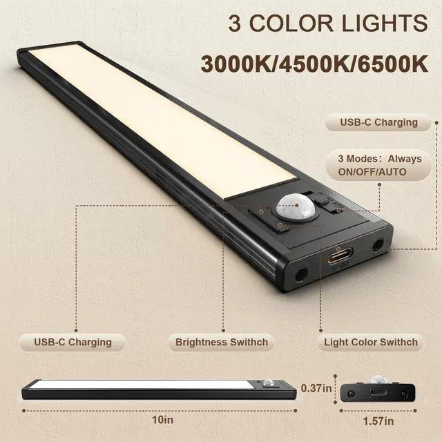 Alt view image 2 of 7 - 4Pack Under Cabinet Lighting Rechargeable -10" Ultra-Thin Black 3 Color Temps Super Bright, Motion Sensor, Long Lasting - Easy Installation Magnetic Under Closet Lights