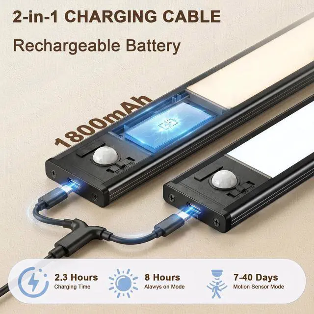 Alt view image 3 of 7 - 4Pack Under Cabinet Lighting Rechargeable -10" Ultra-Thin Black 3 Color Temps Super Bright, Motion Sensor, Long Lasting - Easy Installation Magnetic Under Closet Lights