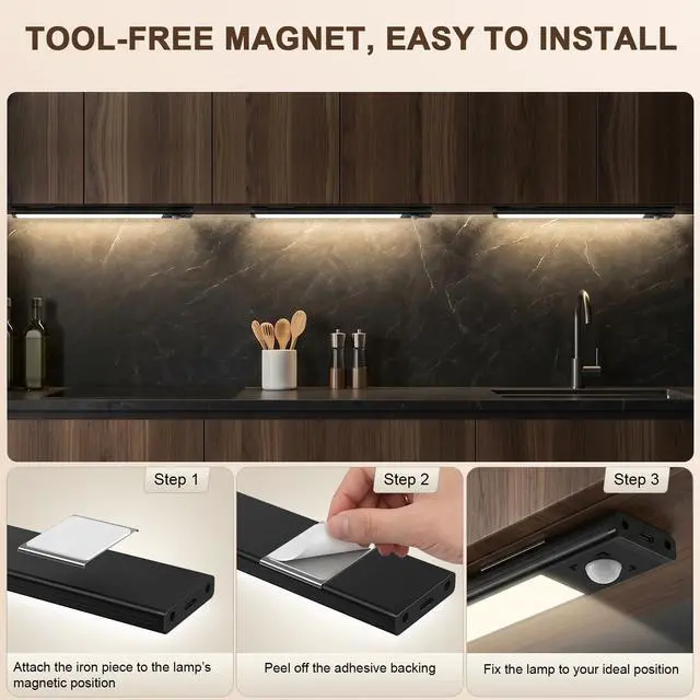 Alt view image 6 of 7 - 4Pack Under Cabinet Lighting Rechargeable -10" Ultra-Thin Black 3 Color Temps Super Bright, Motion Sensor, Long Lasting - Easy Installation Magnetic Under Closet Lights