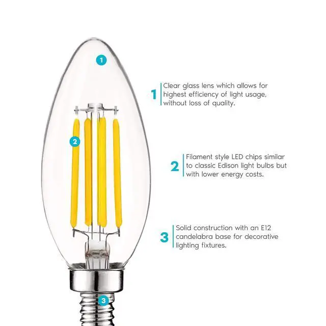 Alt view image 2 of 7 - Vintage Candelabra LED Bulb 60W Equivalent, 550 Lumens, 3500K Natural White, LED Chandelier Light Bulbs 5W, Dimmable, Clear Glass, Filament LED Candle Bulbs, UL Listed, E12 Base (6 Pack)
