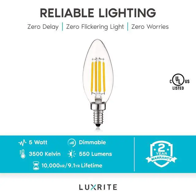 Alt view image 7 of 7 - Vintage Candelabra LED Bulb 60W Equivalent, 550 Lumens, 3500K Natural White, LED Chandelier Light Bulbs 5W, Dimmable, Clear Glass, Filament LED Candle Bulbs, UL Listed, E12 Base (6 Pack)