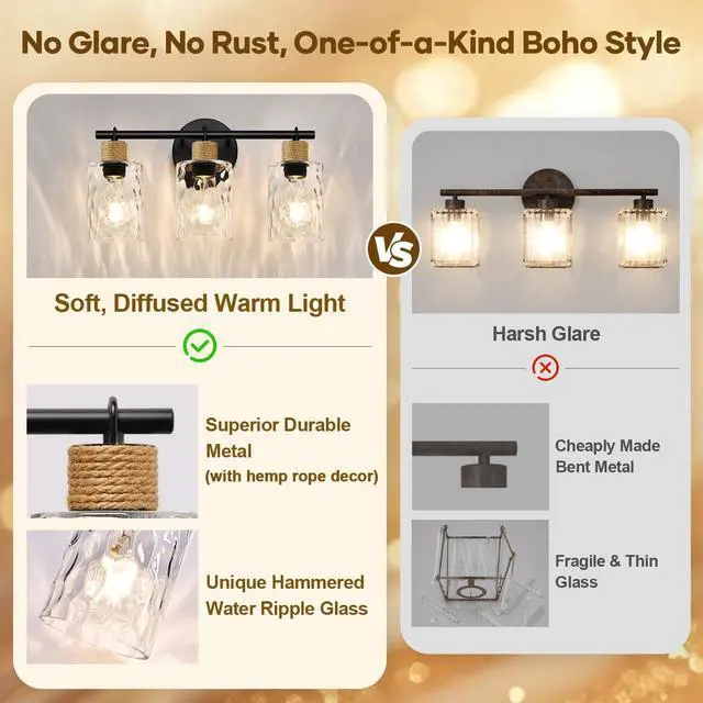 Alt view image 2 of 7 - Bathroom Light Fixtures, 3-Light Coastal Vanity Lights with Crystal Glass Shade, Black Bathroom Wall Lamp for Mirror Kitchen Hallway Cabinet