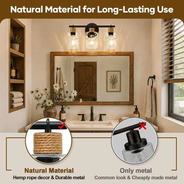 Alt view image 4 of 7 - Bathroom Light Fixtures, 3-Light Coastal Vanity Lights with Crystal Glass Shade, Black Bathroom Wall Lamp for Mirror Kitchen Hallway Cabinet