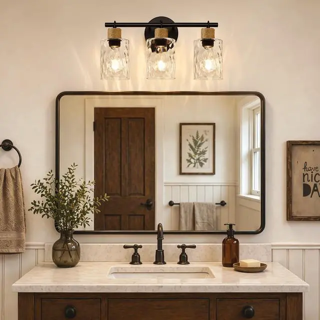 Alt view image 5 of 7 - Bathroom Light Fixtures, 3-Light Coastal Vanity Lights with Crystal Glass Shade, Black Bathroom Wall Lamp for Mirror Kitchen Hallway Cabinet