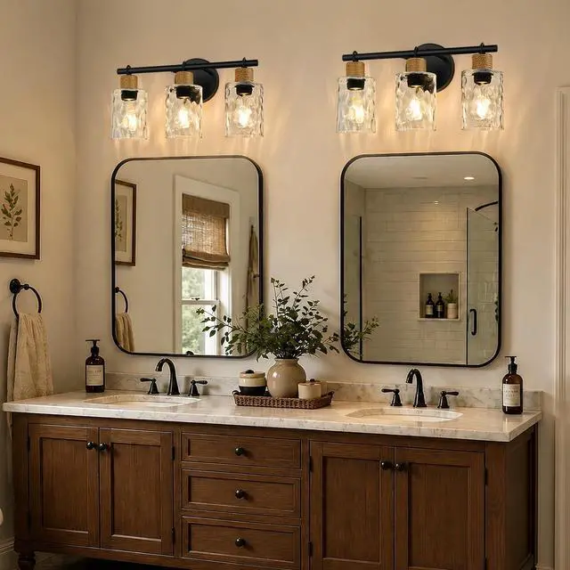 Alt view image 6 of 7 - Bathroom Light Fixtures, 3-Light Coastal Vanity Lights with Crystal Glass Shade, Black Bathroom Wall Lamp for Mirror Kitchen Hallway Cabinet