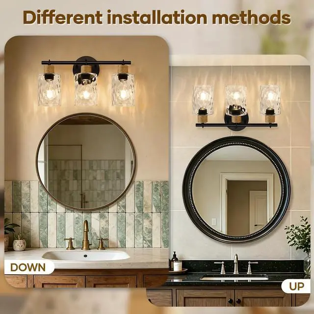 Alt view image 7 of 7 - Bathroom Light Fixtures, 3-Light Coastal Vanity Lights with Crystal Glass Shade, Black Bathroom Wall Lamp for Mirror Kitchen Hallway Cabinet