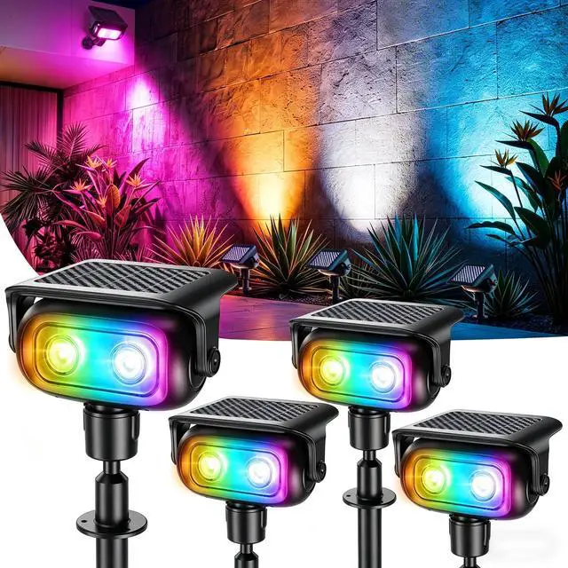 Main image of Solar Spot Lights Outdoor Color Changing 4 Pack Landscape Spotlight | RGB 9 Color 11 Mode; 360° Rotation; Waterproof; Stake/ Wall Mounted LED Uplights for Outside Halloween Xmas Yard Tree Garden