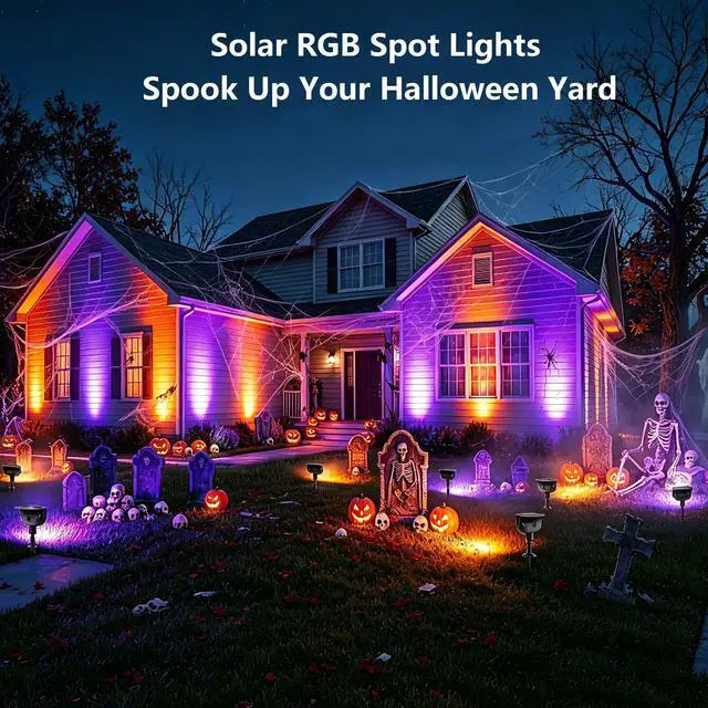 Alt view image 3 of 7 - Solar Spot Lights Outdoor Color Changing 4 Pack Landscape Spotlight | RGB 9 Color 11 Mode; 360° Rotation; Waterproof; Stake/ Wall Mounted LED Uplights for Outside Halloween Xmas Yard Tree Garden