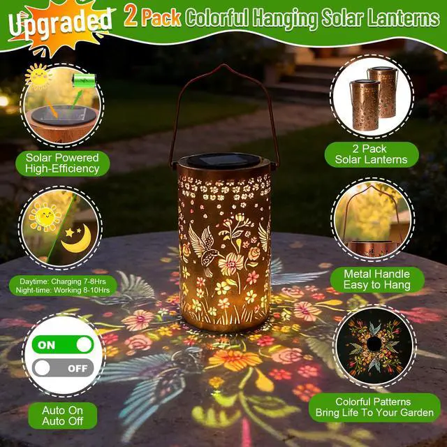 Alt view image 4 of 7 - 2 Pack Colorful Hummingbird Solar Lanterns Outdoor Waterproof, Decorative Metal Hanging Lantern Hummingbird Solar Lantern for Porch Yard Tabletop Path Garden Decor, Ideal Gifts for Mom Wife Grandma