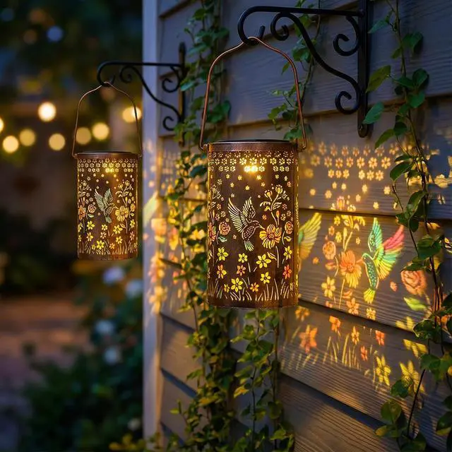 Alt view image 6 of 7 - 2 Pack Colorful Hummingbird Solar Lanterns Outdoor Waterproof, Decorative Metal Hanging Lantern Hummingbird Solar Lantern for Porch Yard Tabletop Path Garden Decor, Ideal Gifts for Mom Wife Grandma