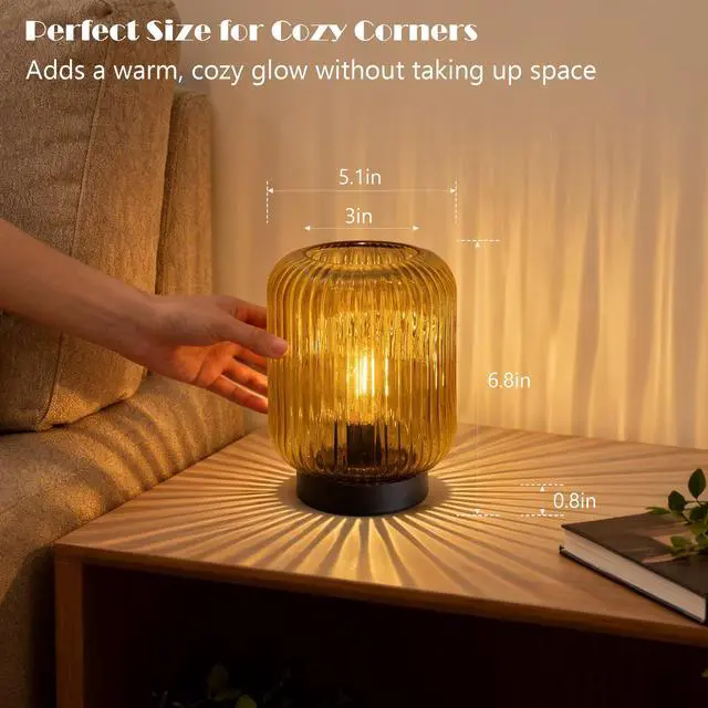 Alt view image 2 of 7 - Battery Operated Lamp, Cordless Table Lamps for Home Decor, Battery Powered Nightlight with LED Bulb, Decorative Glass Beside Lamp for Bedroom Living Room-Gold