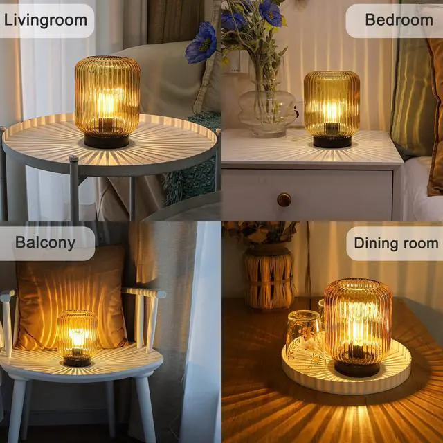 Alt view image 7 of 7 - Battery Operated Lamp, Cordless Table Lamps for Home Decor, Battery Powered Nightlight with LED Bulb, Decorative Glass Beside Lamp for Bedroom Living Room-Gold