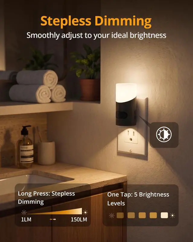 Alt view image 3 of 7 - LED Night Lights Plug into Wall with Motion Sensor, 1-150LM Dimmable Plug-in Nightlight Indoor for Bedroom, Bathroom, Hallway, Stairs, Pet House, Toilet, 2 Pack