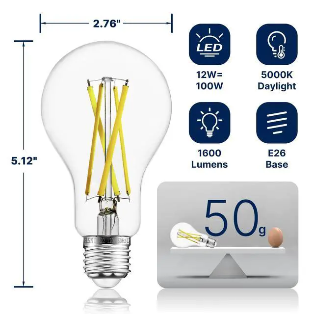 Alt view image 2 of 7 - 100W Eqv Dimmable A21 LED Bulbs, 1600LM, 5000K Daylight, E26, 4 Pack | 12W, CRI90, clear glass, instant on, no flicker, for table lamps, kitchen, bathroom, garage