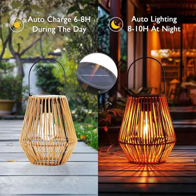 Alt view image 3 of 7 - 2 Pack Rattan Lantern Solar Outdoor Waterproof Hanging Lights | Outside Solar Wicker Lamp Decor with Waterproof Lights for Gardens, Patios, Porches, Pathways, Christmas and Halloween