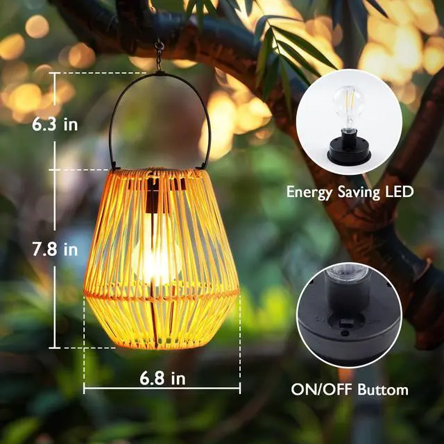Alt view image 4 of 7 - 2 Pack Rattan Lantern Solar Outdoor Waterproof Hanging Lights | Outside Solar Wicker Lamp Decor with Waterproof Lights for Gardens, Patios, Porches, Pathways, Christmas and Halloween