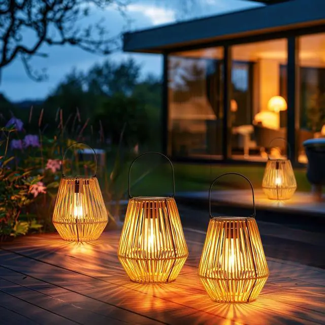Alt view image 5 of 7 - 2 Pack Rattan Lantern Solar Outdoor Waterproof Hanging Lights | Outside Solar Wicker Lamp Decor with Waterproof Lights for Gardens, Patios, Porches, Pathways, Christmas and Halloween