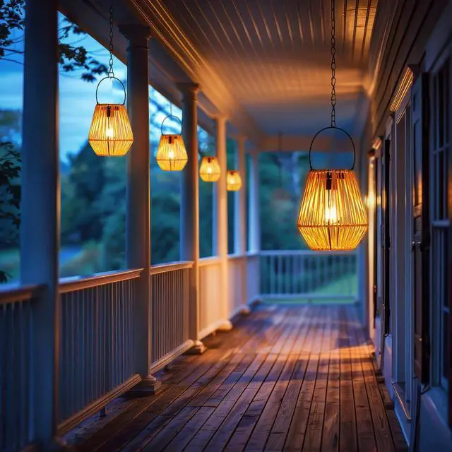 Alt view image 6 of 7 - 2 Pack Rattan Lantern Solar Outdoor Waterproof Hanging Lights | Outside Solar Wicker Lamp Decor with Waterproof Lights for Gardens, Patios, Porches, Pathways, Christmas and Halloween