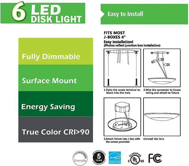 Alt view image 3 of 6 - 7.5" Flush Mount Ceiling Light, Dimmable LED Disk & Ceiling Lights,16.5W (120W Equivalent), 120V, 5000K, ETL - 4/6" J-Box, Wet Location LED Lights, Light Fixtures (Bright White)