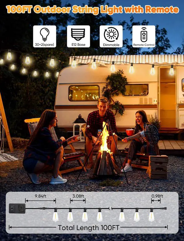 Alt view image 5 of 7 - LED Outdoor String Lights with Remote, 100FT Commercial Grade Waterproof Outdoor Patio Lights, 30+2 ST38 Dimmable Edison Bulbs, 2700K Warm White Rope Light for Outside, Low Voltage 24V