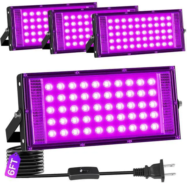 Main image of 4 Pack 50W Black Light IP66 with Switch+6FT Cord for Halloween Glow Party | LED Blacklight Flood Light, Outdoor Spotlight for Neon Glow in the Dark Party Decor Body Paint Fluorescent Poster Classroom