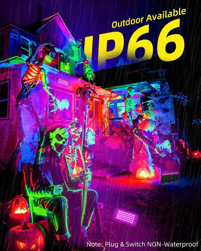Alt view image 2 of 7 - 4 Pack 50W Black Light IP66 with Switch+6FT Cord for Halloween Glow Party | LED Blacklight Flood Light, Outdoor Spotlight for Neon Glow in the Dark Party Decor Body Paint Fluorescent Poster Classroom