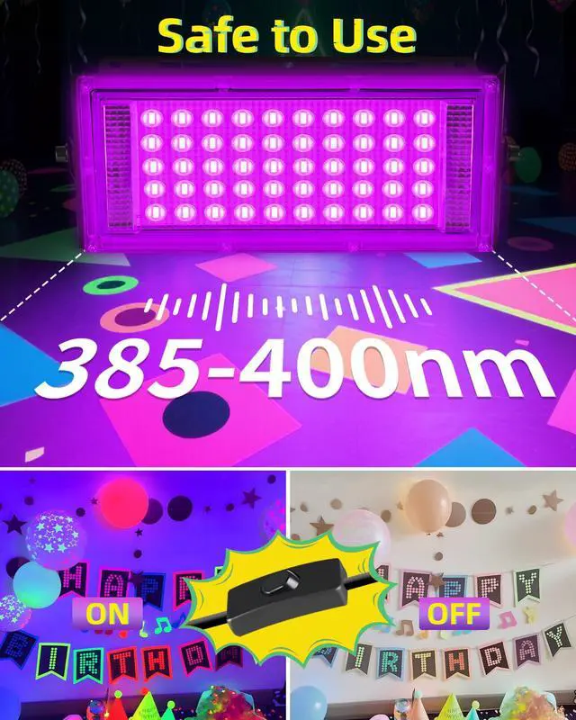 Alt view image 3 of 7 - 4 Pack 50W Black Light IP66 with Switch+6FT Cord for Halloween Glow Party | LED Blacklight Flood Light, Outdoor Spotlight for Neon Glow in the Dark Party Decor Body Paint Fluorescent Poster Classroom