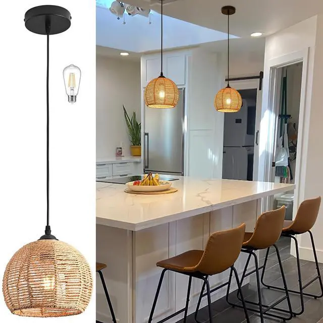 Main image of Mini Hemp Rope Woven Pendant Light Woven Light Fixture Boho Chandelier Light Fixture Wicker Pendant Light Rattan Light Pendant Dome Wicker Chandelier for Bedroom Kitchen Island(Bulb Incl.)