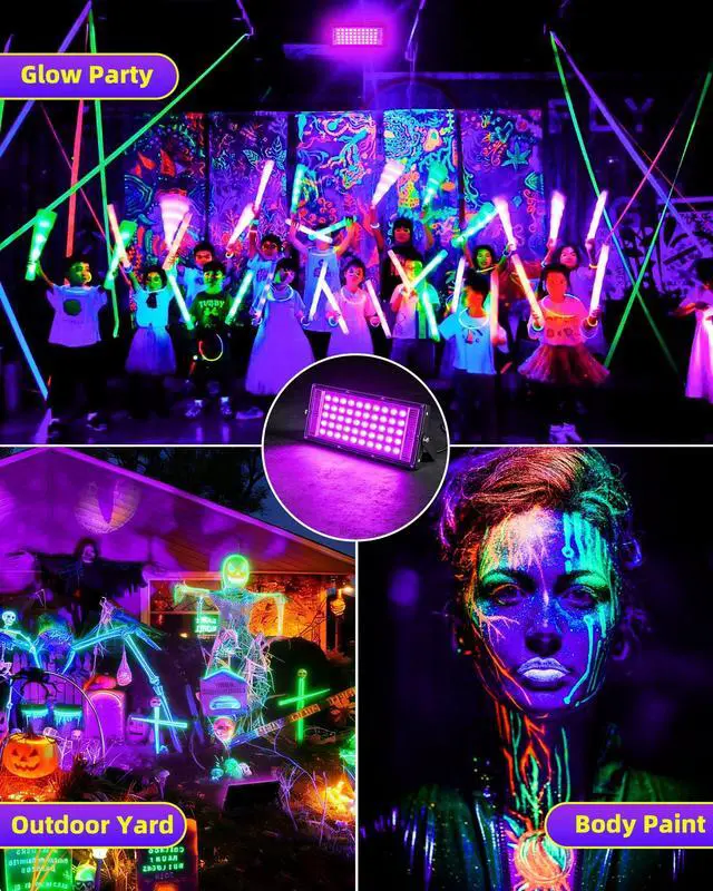 Alt view image 7 of 7 - 4 Pack 50W Black Light IP66 with Switch+6FT Cord for Halloween Glow Party | LED Blacklight Flood Light, Outdoor Spotlight for Neon Glow in the Dark Party Decor Body Paint Fluorescent Poster Classroom