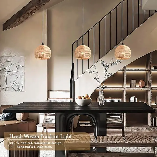 Alt view image 2 of 7 - Mini Hemp Rope Woven Pendant Light Woven Light Fixture Boho Chandelier Light Fixture Wicker Pendant Light Rattan Light Pendant Dome Wicker Chandelier for Bedroom Kitchen Island(Bulb Incl.)