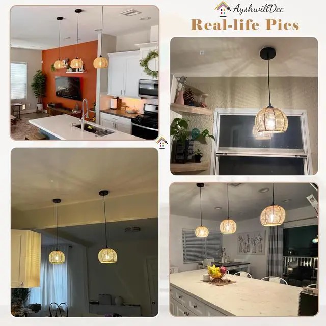 Alt view image 3 of 7 - Mini Hemp Rope Woven Pendant Light Woven Light Fixture Boho Chandelier Light Fixture Wicker Pendant Light Rattan Light Pendant Dome Wicker Chandelier for Bedroom Kitchen Island(Bulb Incl.)
