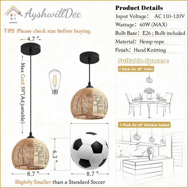 Alt view image 4 of 7 - Mini Hemp Rope Woven Pendant Light Woven Light Fixture Boho Chandelier Light Fixture Wicker Pendant Light Rattan Light Pendant Dome Wicker Chandelier for Bedroom Kitchen Island(Bulb Incl.)