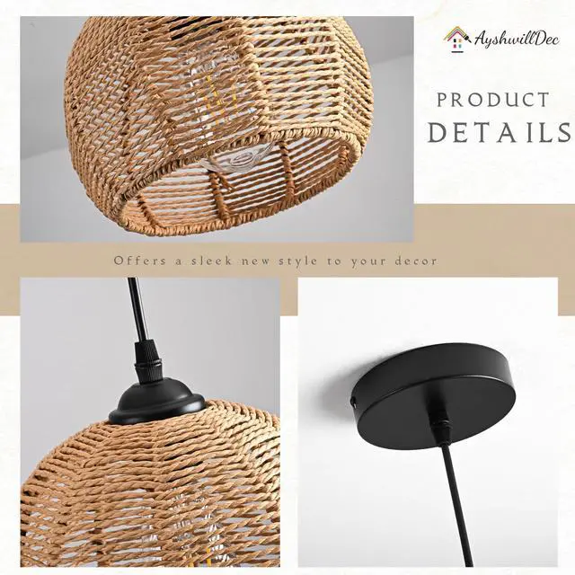 Alt view image 5 of 7 - Mini Hemp Rope Woven Pendant Light Woven Light Fixture Boho Chandelier Light Fixture Wicker Pendant Light Rattan Light Pendant Dome Wicker Chandelier for Bedroom Kitchen Island(Bulb Incl.)