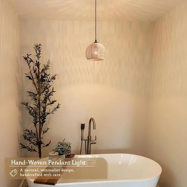 Alt view image 7 of 7 - Mini Hemp Rope Woven Pendant Light Woven Light Fixture Boho Chandelier Light Fixture Wicker Pendant Light Rattan Light Pendant Dome Wicker Chandelier for Bedroom Kitchen Island(Bulb Incl.)
